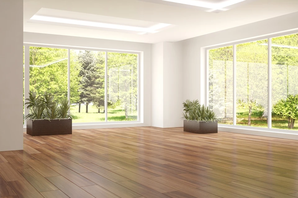 Intérieur moderne vide avec grandes baies vitrées donnant sur jardin verdoyant