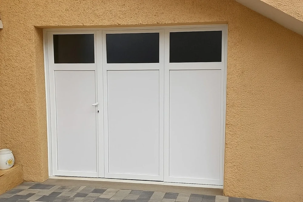 Façade extérieure d'une maison avec porte de garage sectionnelle blanche à trois panneaux