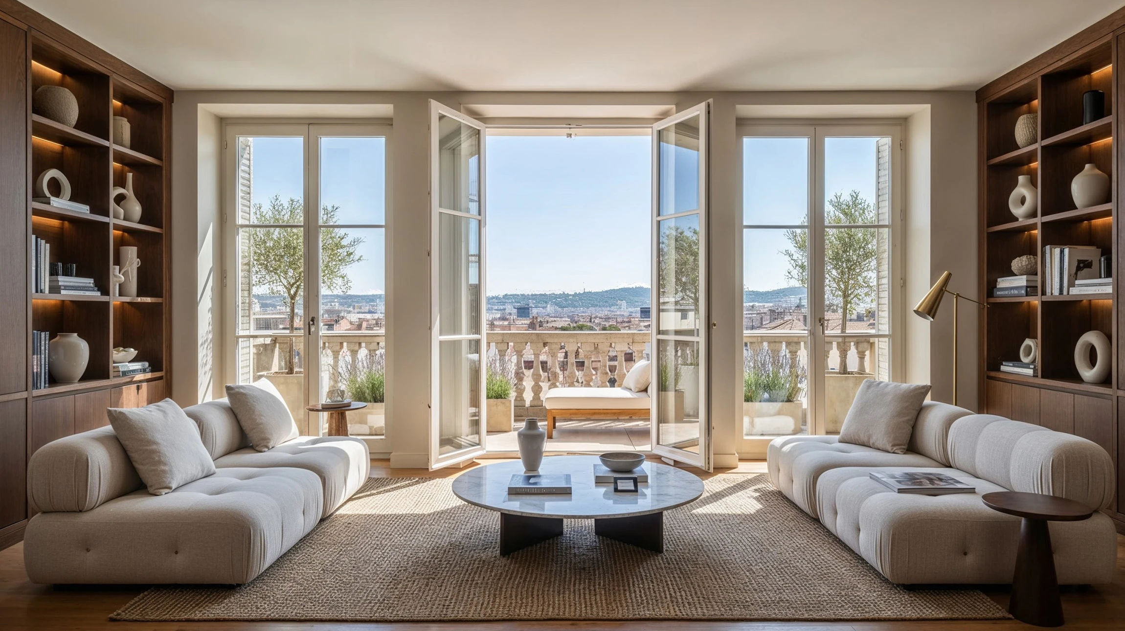 Façade extérieure moderne avec terrasse en bois et pelouse