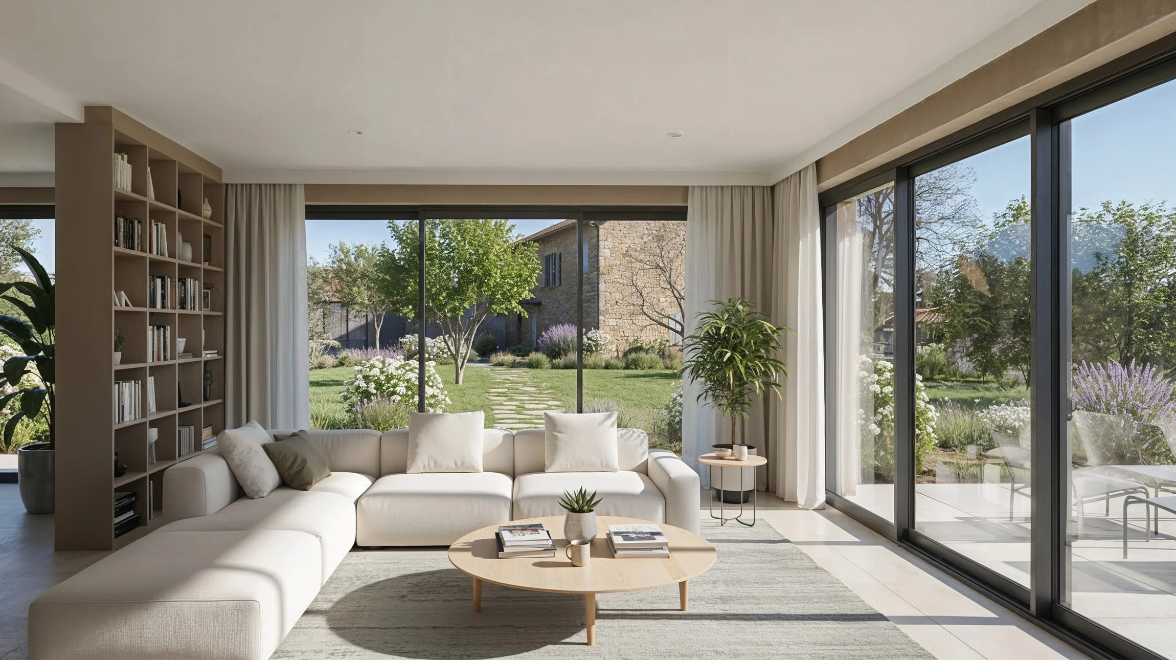 Salon lumineux avec banquette d'angle en bois massif, coussins beiges, vue panoramique sur jardin verdoyant