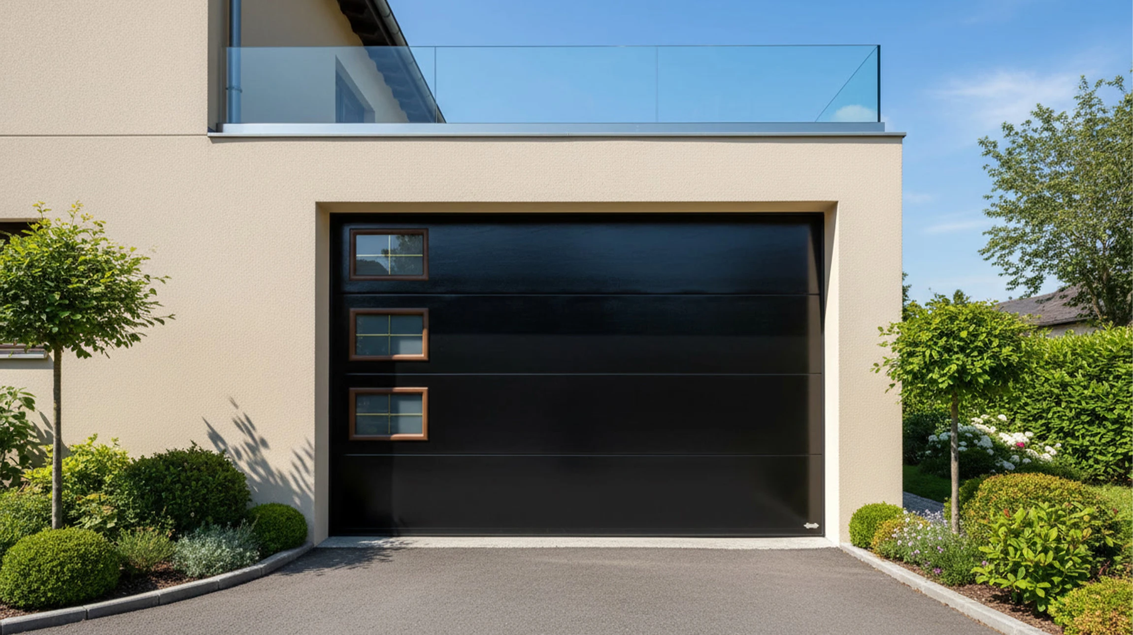 Garage Porte de la maison en Jardin Privé Moderne avec Fleurs