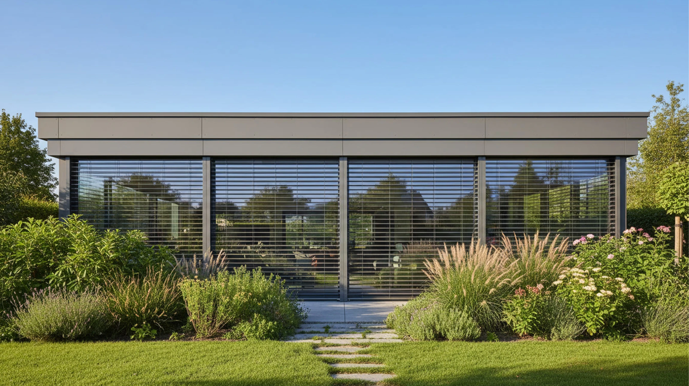 Terrasse moderne d'une maison contemporaine avec deux grandes baies vitrées équipées de volets roulants électriques gris anthracite partiellement abaissés