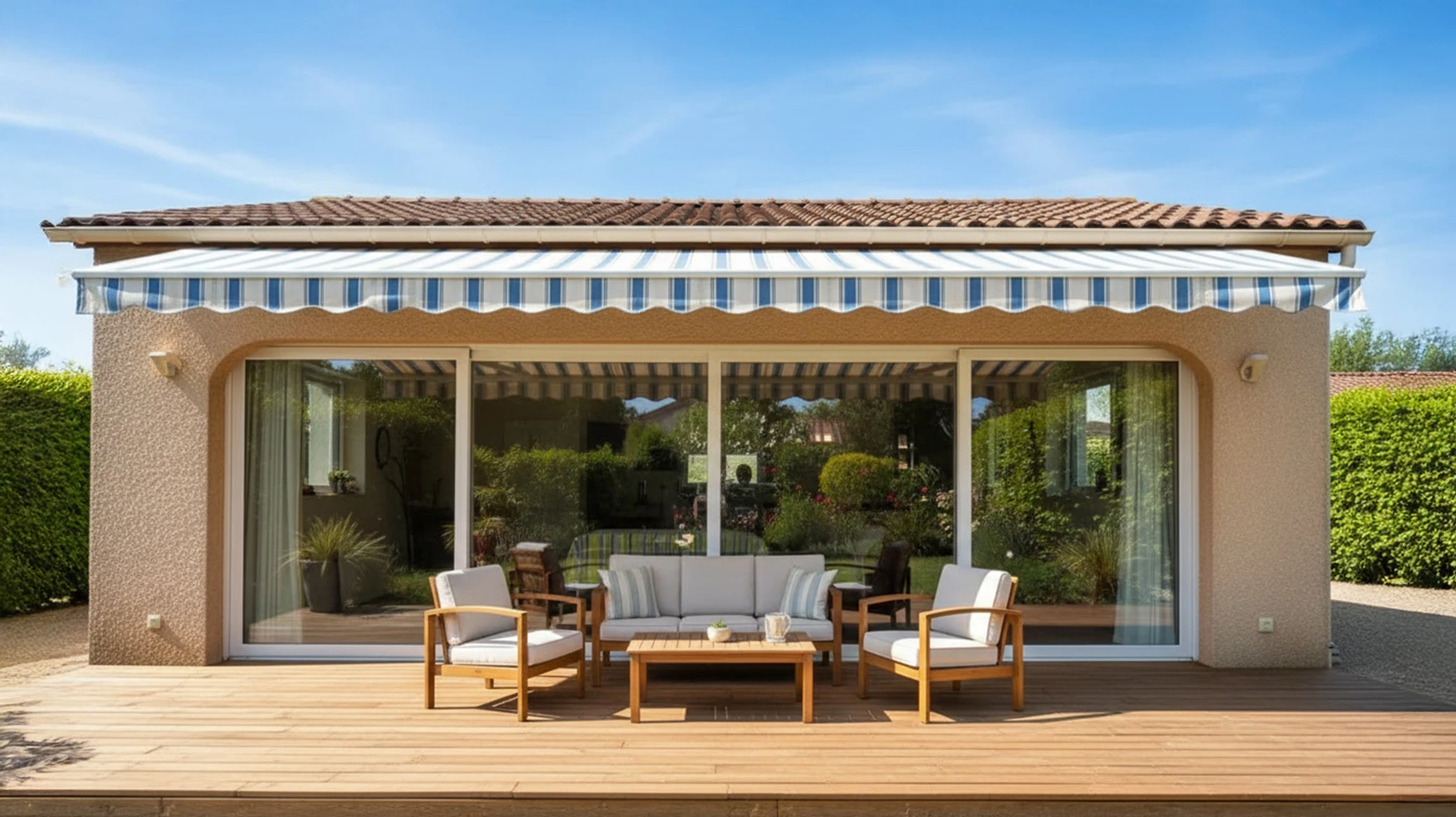 Une balançoire en corde beige avec un oreiller sur un patio